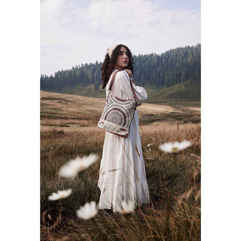 Myra Bag Handmade Fleur Shoulder Bag Upcycled Canvas & Cowhide Leather